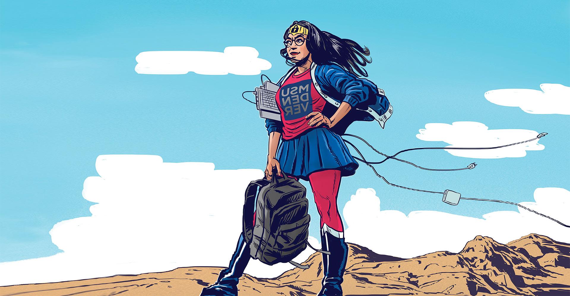 An illustration of an MSU Denver woman (similar to wonder woman) holding a keyboard, ear plugs, and a backpack.